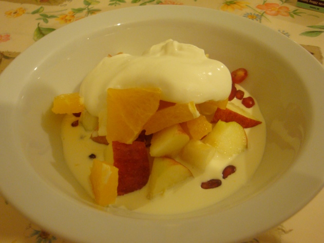 mixed fruits with cream and yoghurt